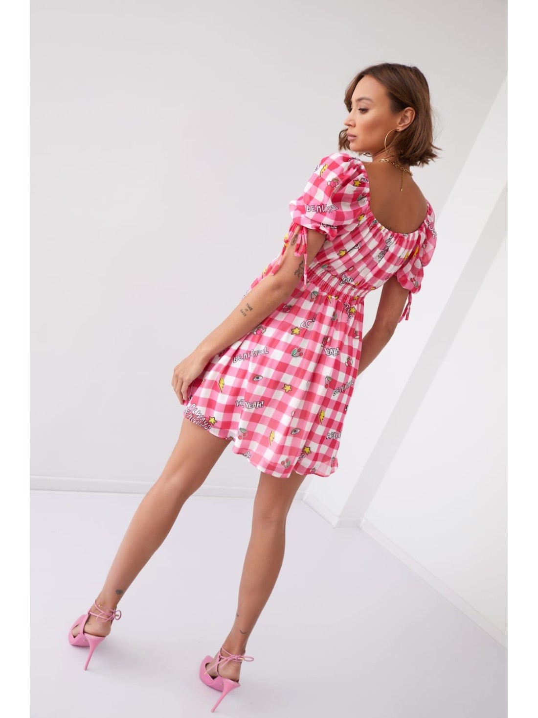 Lovely checkered dress with patterns, pink 30380 - Online store - Boutique